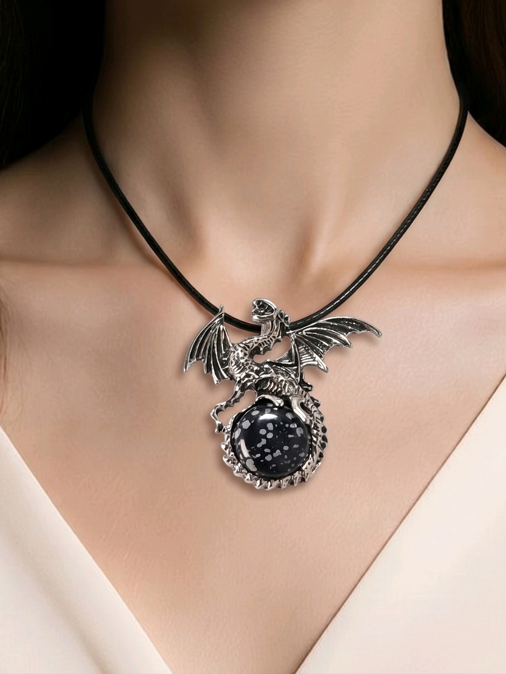 Dragon Snowflake Obsidian Pendant Necklace Gothic Fantasy Orb Silver Statement